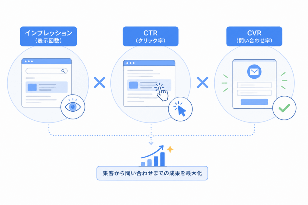 インプレッション表示回数×CTRクリック率×CVR問い合わせ率.